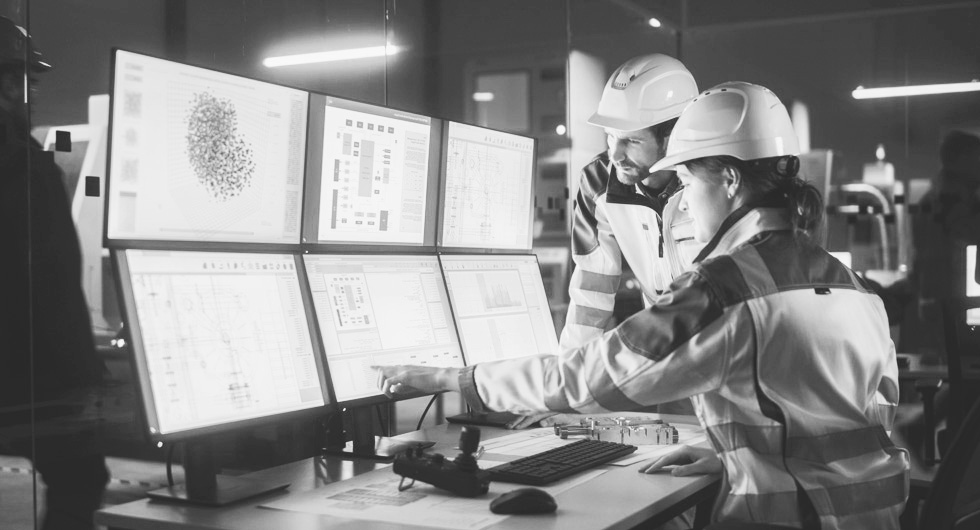 Workers in factory working on composer screens