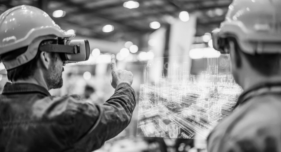 Workers working with VR glasses on a factory floor